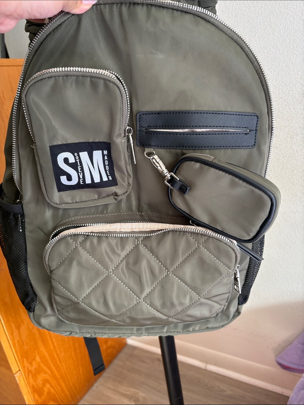 Steve Madden Olive Green Quilted Backpack with Key Pouch